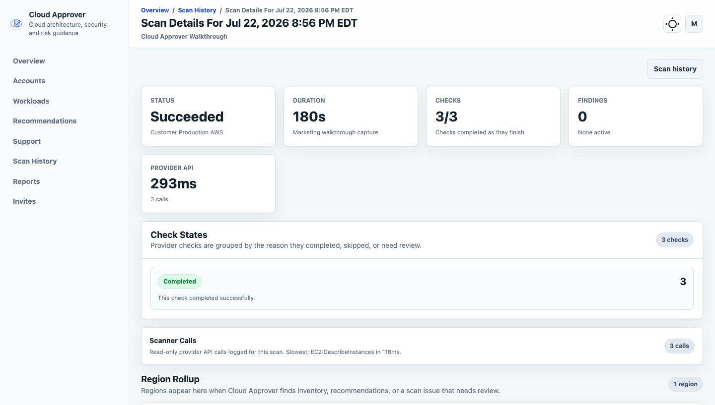 Cloud Approver scan details page showing a successful scan and provider API calls