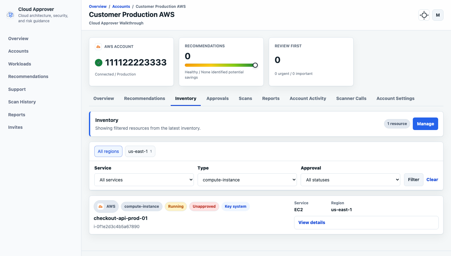 Cloud Approver inventory page showing a discovered EC2 instance