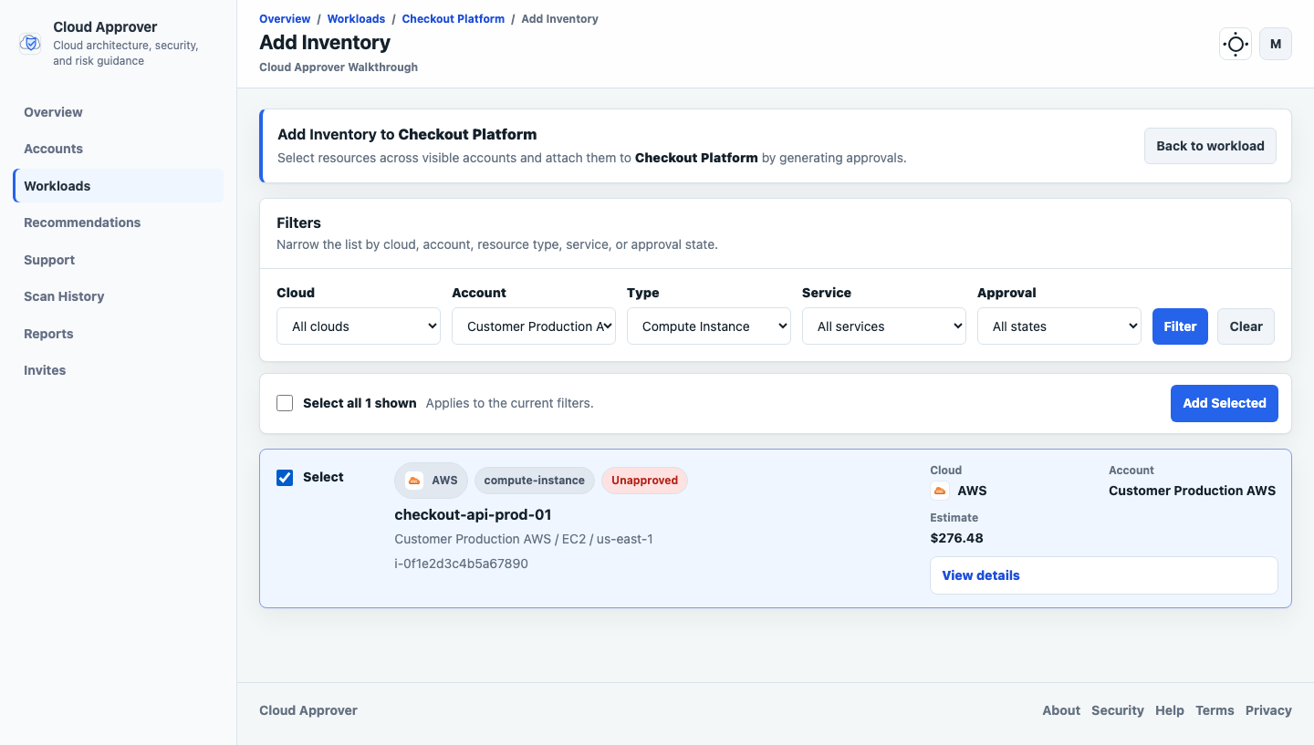 Cloud Approver add inventory page showing an EC2 instance selected for a workload