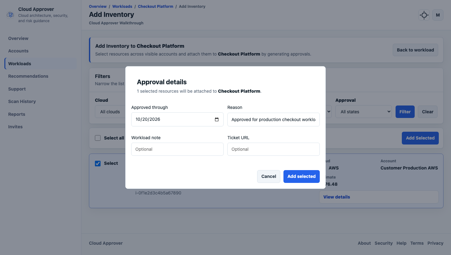 Cloud Approver approval dialog for adding a selected resource to a workload