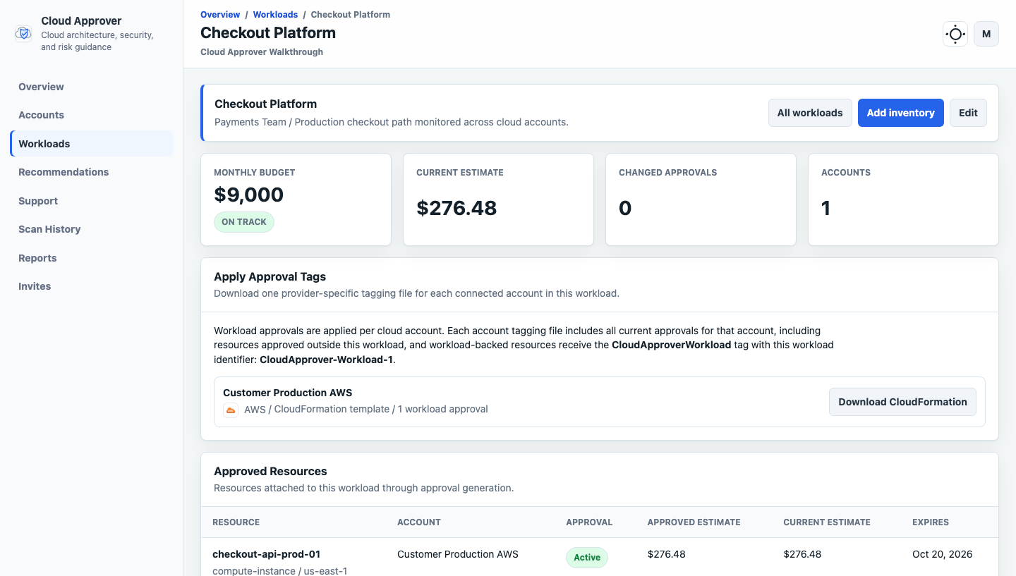 Cloud Approver workload page showing an initiative-oriented workload